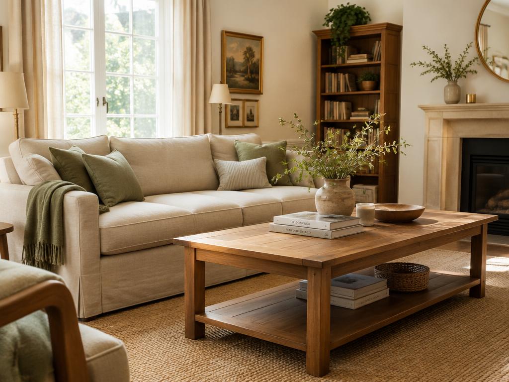 Tidy living room with linen sofa